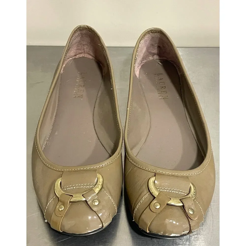 Lauren Ralph Lauren Patent Leather Tan Gold Flats Buckle Ballet Women's Sz 8.5